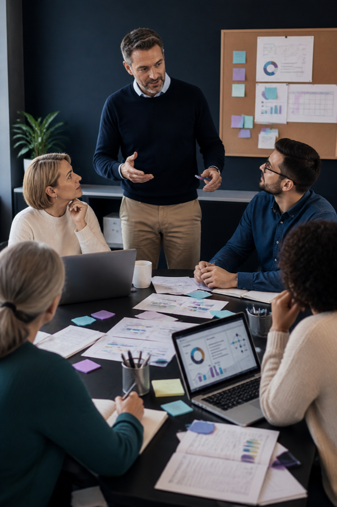 Animateur guidant une formation sur l’IA et la démarche qualité avec une équipe ESSMS