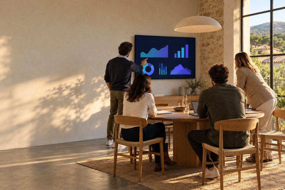 Formation IA comité de direction : réunion d’un comité de direction de PME autour d’un tableau de bord