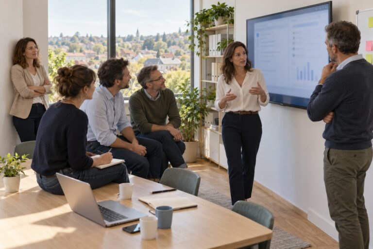 Dirigeants et équipe RH d'une PME en séance d'arbitrage collectif