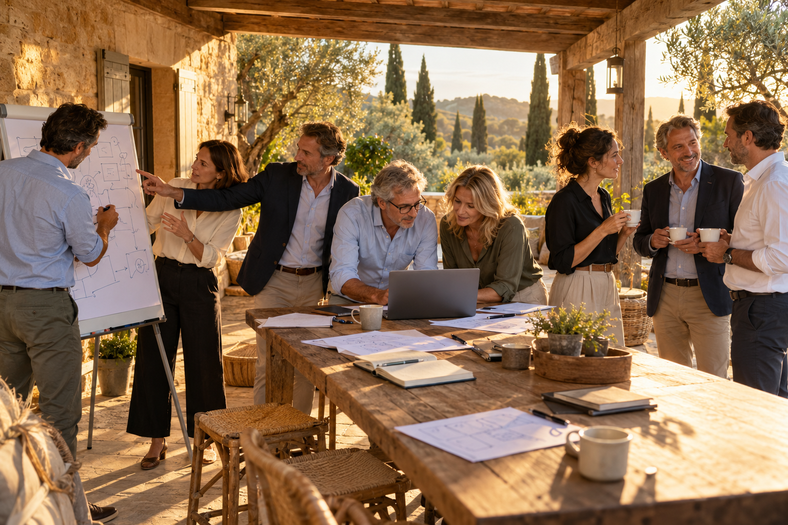 Séance de travail en extérieur pour construire un séminaire IA sur mesure